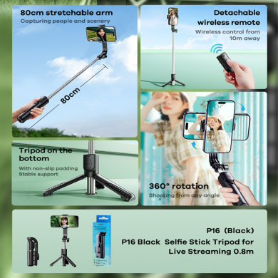 REMAX P16 Selfie Stick & Tripod Combo με Bluetooth Remote Controller Μαύρο